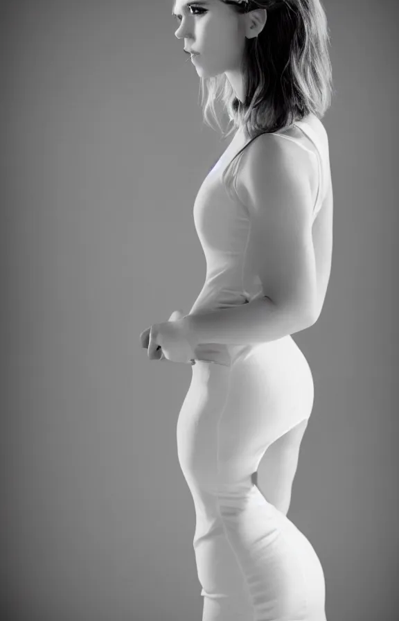 Image similar to 2 8 mm studio photo of gorgeous seductive emily skinner cosplaying annie leonhart wearing tight white dress, beautiful face, pale skin, rule of thirds, cinematic lighting, sharp focus, backlit, stunning, smooth, hard focus, full body shot