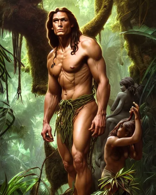 Prompt: tarzan in the jungle, fantasy character portrait, ultra realistic, concept art, intricate details, highly detailed by james bamaruan jia and mandy jurgens and artgerm and william adolphe bouguereau and frank frazetta