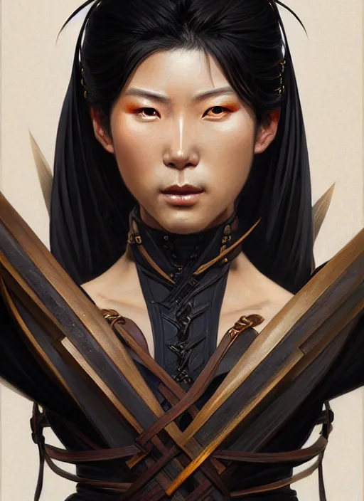 Prompt: portrait of an Japanese warrior, muscular, black leather robes! intricate, elegant, highly detailed, digital painting, artstation, concept art, smooth, sharp focus, illustration, art by artgerm and greg rutkowski and alphonse mucha