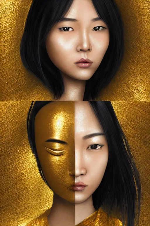 Prompt: realistic detailed painting of Asian woman, fair skin, big eyes, long black hair, no bangs, wearing sculpted textured golden armor, closes her eye, battle damage, intricate complexity, close-up of the front of the face, super sophisticated texture, resolute expression, back lighting, 4K resolution, symmetric, clear facial features, golden ratio, by Ruan Jia and Mandy Jurgens and William-Adolphe Bouguereau, Karol Bak, smooth, sharp focus, rich deep colors, Unreal Engine 5, digital render, intricate, ultra realistic, concept art,