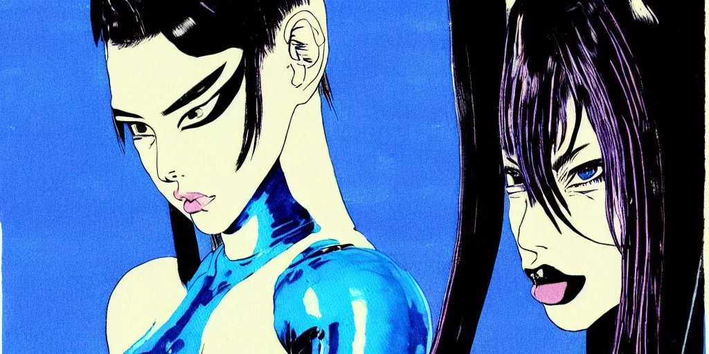 Prompt: a close - up grainy risograph painting of cyberpunk japanese model girl with black eyes and pretty face wearing latex catsuit and lots of transparent and cellophane accessories, blue hour, twilight, by moebius and jack gaughan and lehr paul