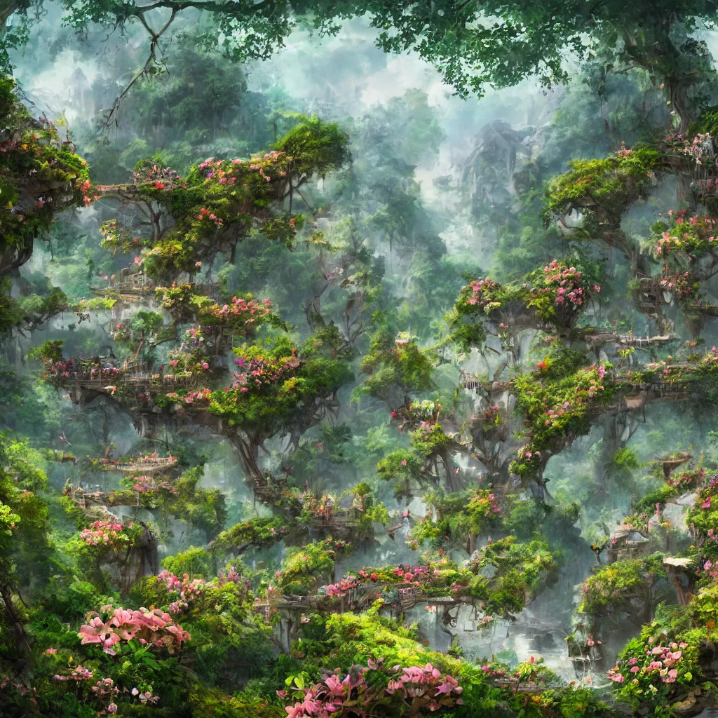 Image similar to a beautiful nature civilization, fancy, flowers, bridges, nature city, people, tree houses, trending on artstation, behance, deviantart