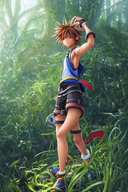 Image similar to sora from kingdom hearts, wavy hairstyle, battle stance, highly detailed, in a magical lush field of overgrown plants, digital painting, artstation, concept art, smooth, sharp focus, illustration, cinematic lighting, art by artgerm and greg rutkowski and alphonse mucha