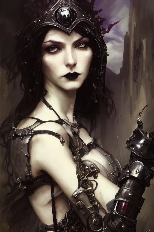 Image similar to beautiful and gothic and sinister and luxury and dieselpunk young medieval female knight portrait +smoky eyes+front face with light flowing hair, ultradetail face, art and illustration by tian zi and craig mullins and WLOP and alphonse mucha, fantasy, intricate complexity, human structure, human anatomy, fantasy character concept, watermark, blurry, hyperrealism 8k