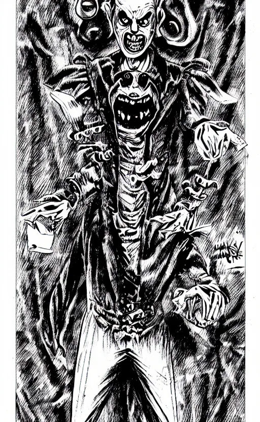 Image similar to full body portrait of villainous jester, dark, twisted, manga, comic, by junji ito. twisted. horror.