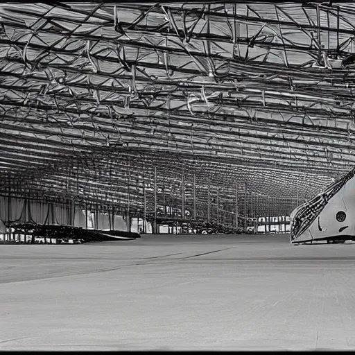 Image similar to an alien craft inside a hanger, old photo, vintage photo, grainy, realistic, real photo,