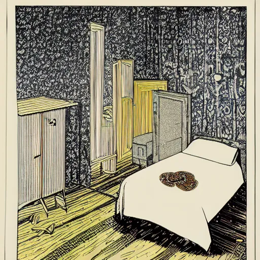 Prompt: a liminal hotel room, colored woodcut, poster art, by Mackintosh, art noveau, by Ernst Haeckel