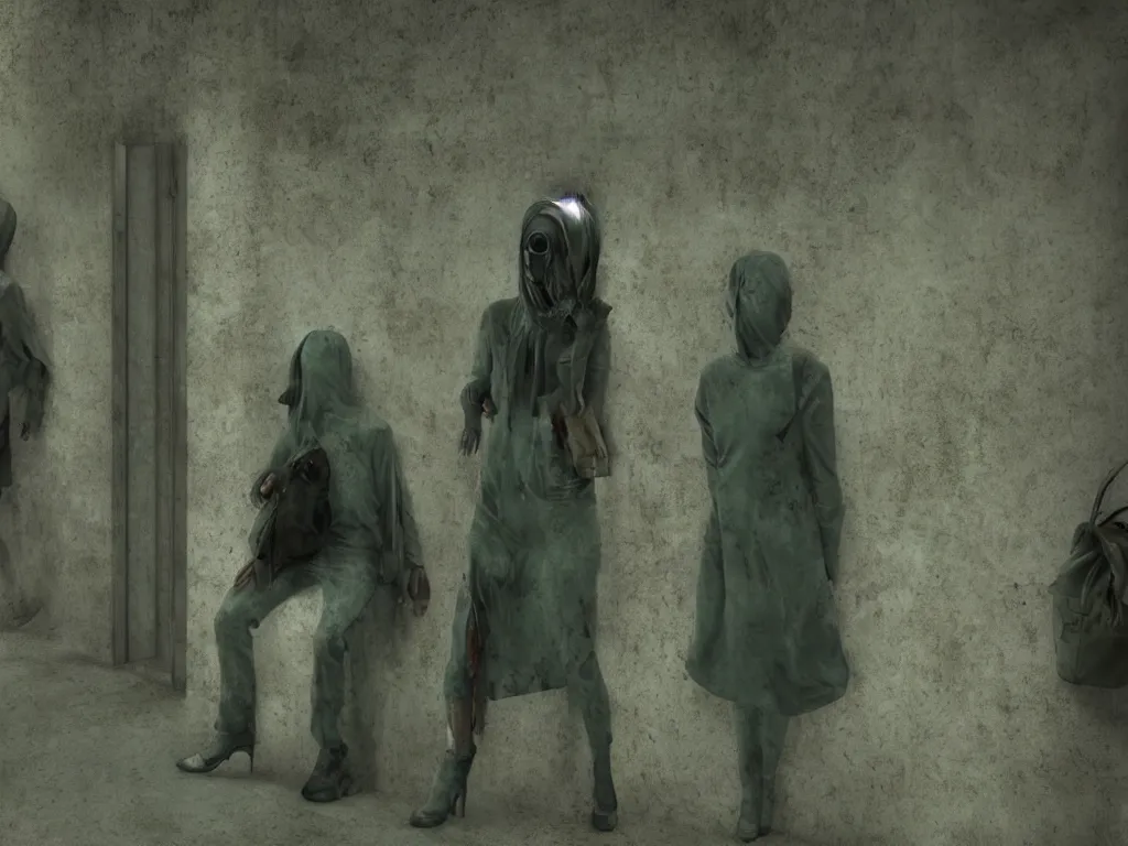 Image similar to featureless humanoid figures on the subway, dimly lit, distressed Venetian green plaster walls, liminal space, haunting atmosphere, gothic, photorealistic, hyperdetailed 3D matte painting, hyperrealism, hyperrealistic, cinematic, silent hill, horror style, 8k ultra HD octane render