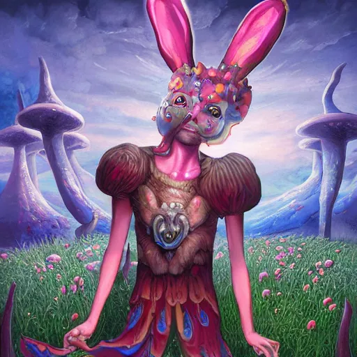 Image similar to 4 k headshot portrait of a psychedelic demonic anthropomorphic bunny rabbit with mushroom themed clothes, magic mushroom village in background by jeff easley, award winning, stylized neon, post - processing, masterpiece, superb resolution. in the art style of junji ito and greg rutkowski. detailed mushroom city in background. hyper realistic anime. perfect art. dalle 2