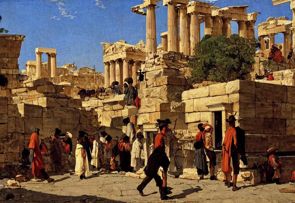 Prompt: ancient athens cityscape. city life. men in tunicae. wide angle. by norman rockwell, jean leon gerome, asher brown durand