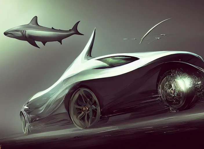 Image similar to beautiful concept design of a car that looks almost like a fish, a shark or a whale. car design by cory loftis, fenghua zhong, ryohei hase, ismail inceoglu, ruan jia, henrik fisker, bruce kaiser, scott robertson, dmitry mazurkevich, doruk erdem, and jon sibal. volumetric light