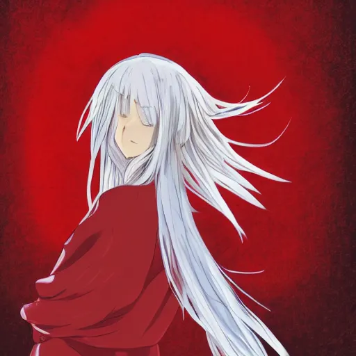 Image similar to white - haired girl in red dress standing by the sea, anime