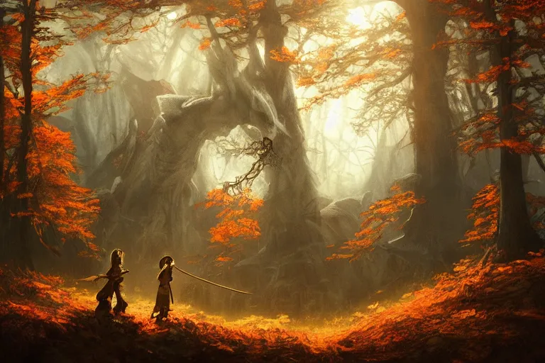 Image similar to sunset lighting ominous shadows, cinematic fantasy painting, dungeons and dragons, an ashigaru feudal armored anthropomorphic brian froud mouse looks over an autumn forest clearing of wildflowers glade jessica rossier and brian froud