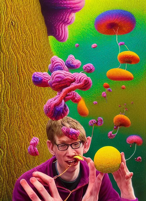 Image similar to hyper detailed 3d render like a Oil painting - Hank Green seen teaching about the Eating of the Strangling network of colorful yellowcake and aerochrome and milky Fruit and His staring intensely delicate Hands hold of gossamer polyp blossoms bring iridescent fungal flowers whose spores black the foolish stars by Jacek Yerka, kawaii ,Mariusz Lewandowski, cute silly face, Houdini algorithmic generative render, Abstract brush strokes, Masterpiece, Edward Hopper and James Gilleard, Zdzislaw Beksinski, Mark Ryden, Wolfgang Lettl, Dan Hiller, hints of Yayoi Kasuma, octane render, 8k