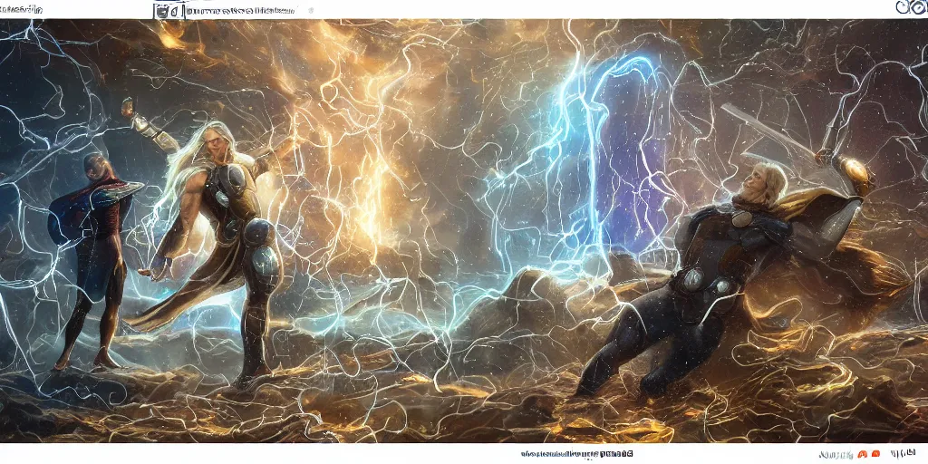 Image similar to Thor god of thunder and artificial intelligence creating the first artificial neural network with synapses on an anvil, high resolution, award winning art, trending on art station, sharp image, incredibly detailed,