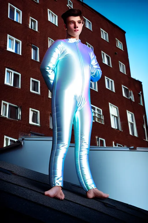 Image similar to un ultra high definition studio quality photographic art portrait of a young man standing on the rooftop of a british apartment building wearing soft baggy inflatable padded iridescent pearlescent suit. three point light. extremely detailed. golden ratio, ray tracing, volumetric light, shallow depth of field. set dressed.