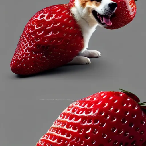 Prompt: corgi as a strawberry : by michal karcz, daniel merriam, victo ngai and guillermo del toro : ornate, dynamic, particulate, intricate, elegant, highly detailed, centered, artstation, smooth, sharp focus, octane render