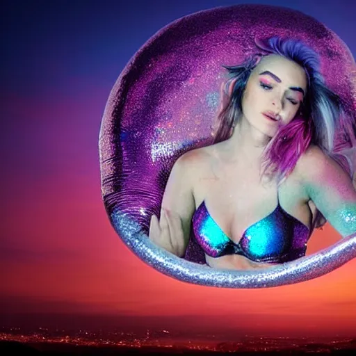 Image similar to portrait photo, a woman covered in intricate silver body paint and a purple florescent bikini inside an iridescent bubble floating above beautiful colorful pink sunset clouds, surrealism, dreamlike, artistic