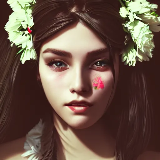 Image similar to dslr photo of a beautiful female with detailed face, wearing flowers, artgerm, artstation, extremely high quality, moody lighting, photography by deviantart, 8 k