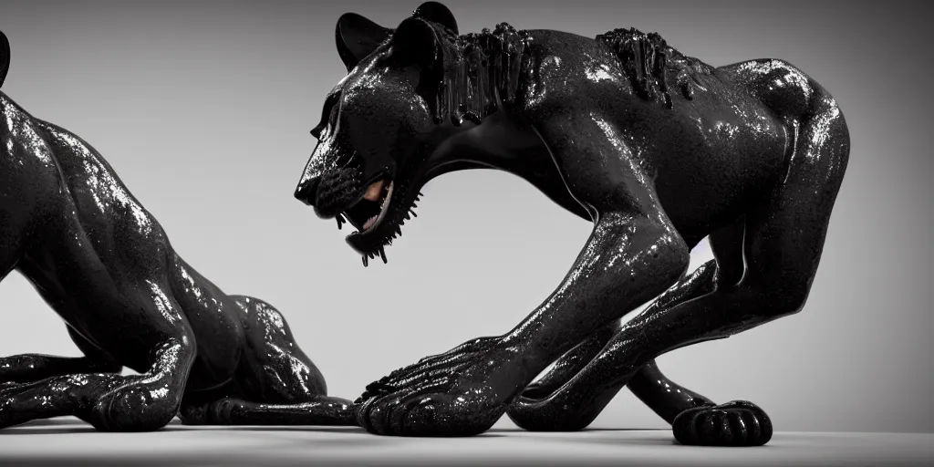 Prompt: a black lioness made of tar, bathing inside the bathtub full of tar, dripping ferrofluid, drooling ferrofluid. dslr, photography, realism, animal photography, modern bathroom, photorealistic, 8 k resolution, v - ray, 3 d render