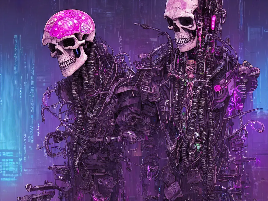 Prompt: high detailed lone dead android skull samurai with plants growing around the neck in a cyberpunk rainy city at night by Josan Gonzalez, purple and pink and blue neons, unreal engine, high quality, 4K, UHD, trending on ArtStation, wires, blade runner vibes, ghost in the shell, akira, dorohedoro