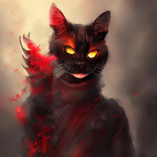 Image similar to fantasy devil cat with red eyes and smoke, high detail, digital art, beautiful , concept art,fantasy art, 4k