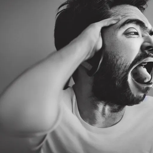 Prompt: A man yelling at his computer, XF IQ4, 150MP, 50mm, F1.4, ISO 200, 1/160s, natural light