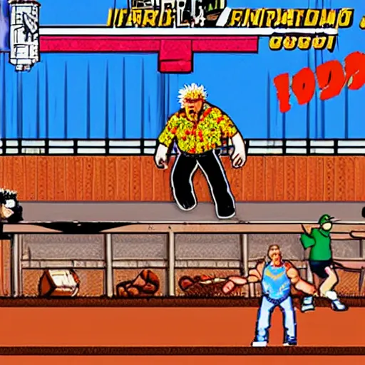 Prompt: a screenshot of guy fieri : backyard wrestling the video game 1 9 8 9 special tournament edition plus alpha featuring guy fieri for the nintendo genesis, game case, box art