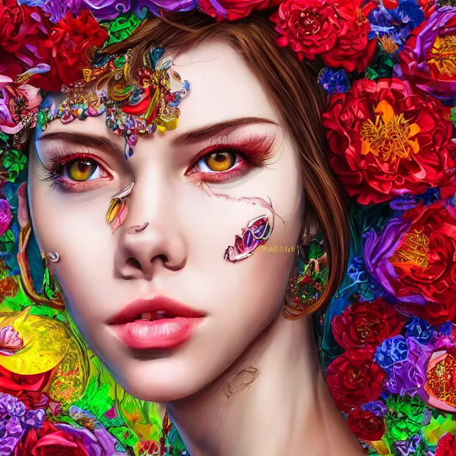 Image similar to studio portrait absurdly beautiful, elegant, lovely, young hypercolorful sensual russian woman rubies red petals gems, ultrafine hyperrealistic detailed face illustration by kim jung gi, irakli nadar, intricate linework, sharp focus, bright colors, matte, octopath traveler, final fantasy, unreal engine highly rendered, global illumination, radiant light, intricate rainbow environment