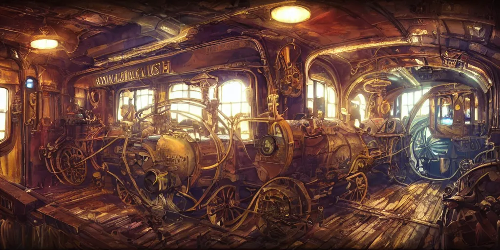 Image similar to steampunk train wagon interior, colorful, contrast, depth of field, 3 d scene, render, greg rutkowski, zabrocki, karlkka, jayison devadas, trending on artstation, 8 k, ultra wide angle, zenith view, pincushion lens effect