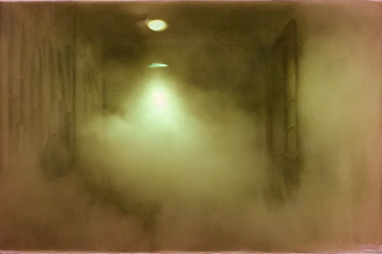 Image similar to the backrooms, film photography watercolored misty fog