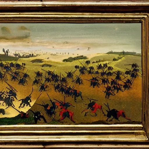 Prompt: distant evening medieval war landscape, two armies clashing on an open field, atmospheric, silhouettes