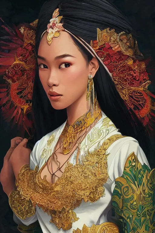 Image similar to portrait of a beautiful indonesian supermodels wearing traditional costume, highly detailed, digital painting, artstation, concept art, sharp focus, illustration, art by kittichai rueangchaichan and james gurney and alphonse mucha