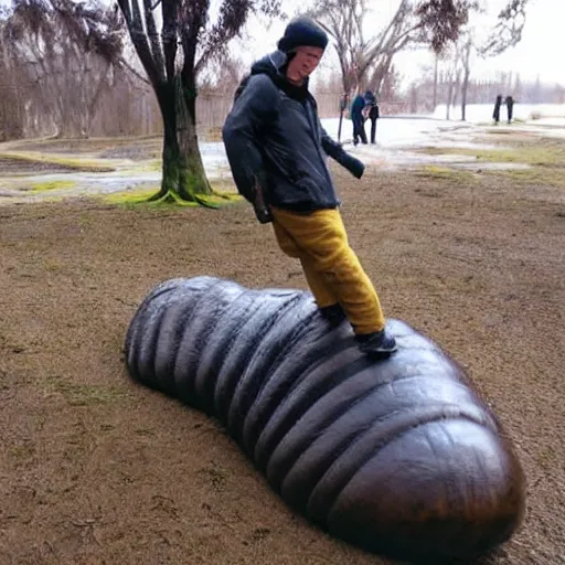 Prompt: a man riding a giant slug