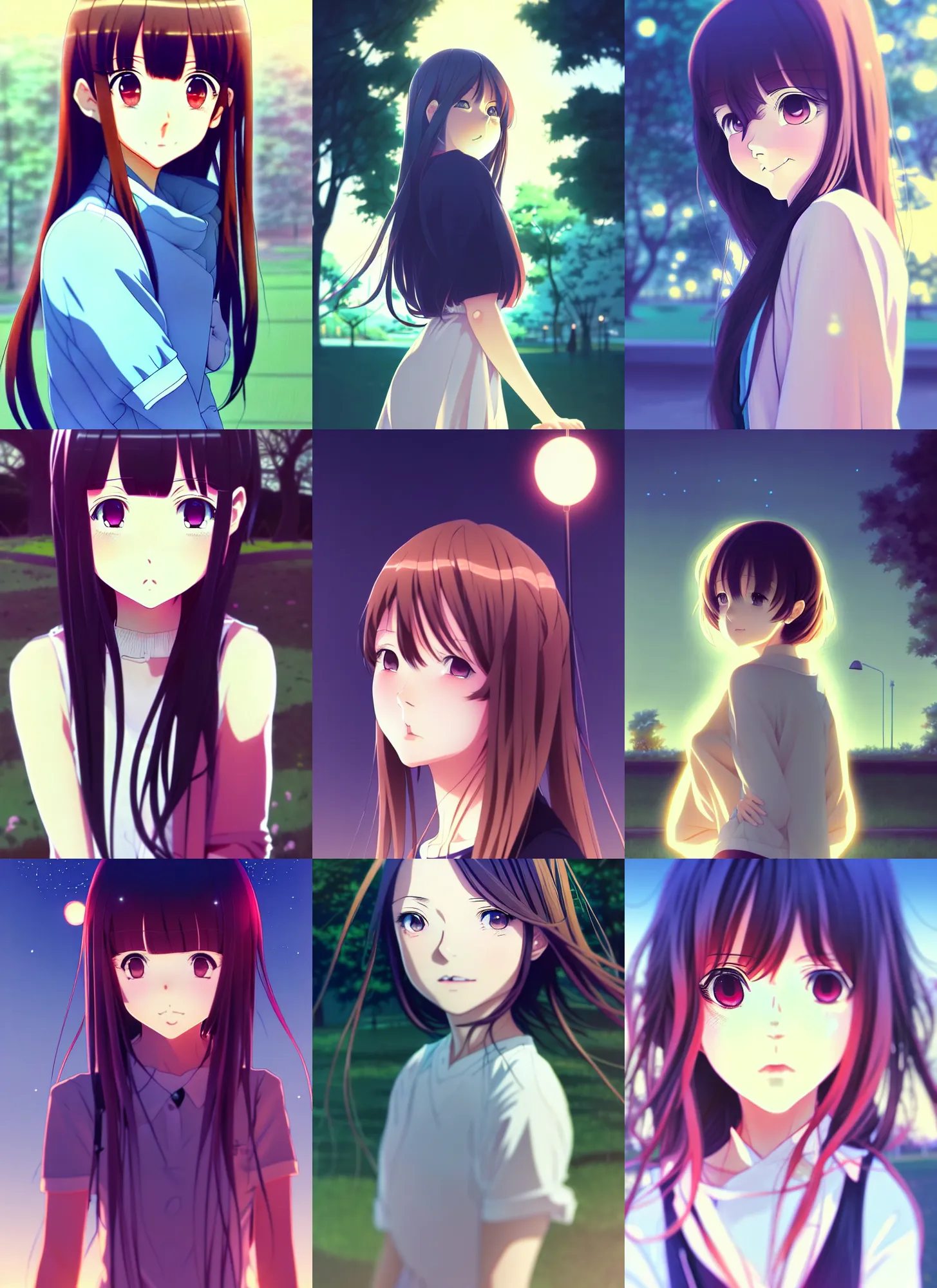 Prompt: anime visual, portrait of a young female at the park at night long hair, low light, cute face by ilya kuvshinov, yoh yoshinari, makoto shinkai, dynamic pose, dynamic perspective, muted colors, cel shaded, flat shading mucha, rounded eyes, detailed facial features, feature film