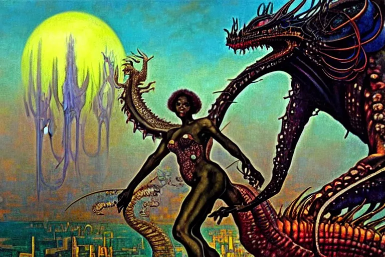 Image similar to realistic extremely detailed closeup portrait painting of a beautiful black woman riding mutant dragon, dystopian city on background by Jean Delville, Amano, Yves Tanguy, Ilya Repin, Alphonse Mucha, Ernst Haeckel, Edward Hopper, Edward Robert Hughes, Roger Dean, heavy metal 1981, rich moody colours