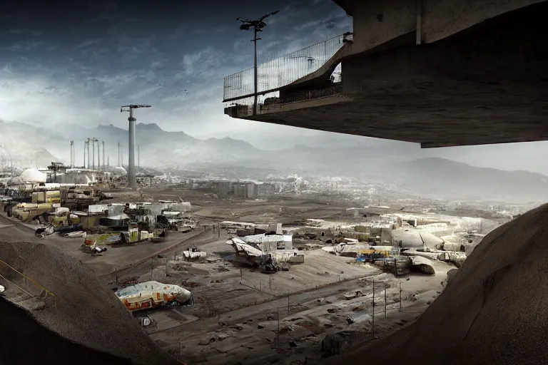 Image similar to favela hospital hangar bunker, desert environment, industrial factory, cliffs, gloomy, milky way, award winning art, epic dreamlike fantasy landscape, ultra realistic,