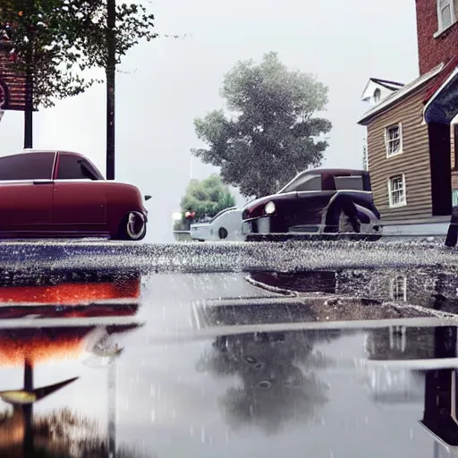 Image similar to still photo of rain puddles and reflections in an american village street, cloudy weather, highly detailed, photorealistic shot, bright studio setting, studio lighting, crisp quality and light reflections, unreal engine 5 quality render