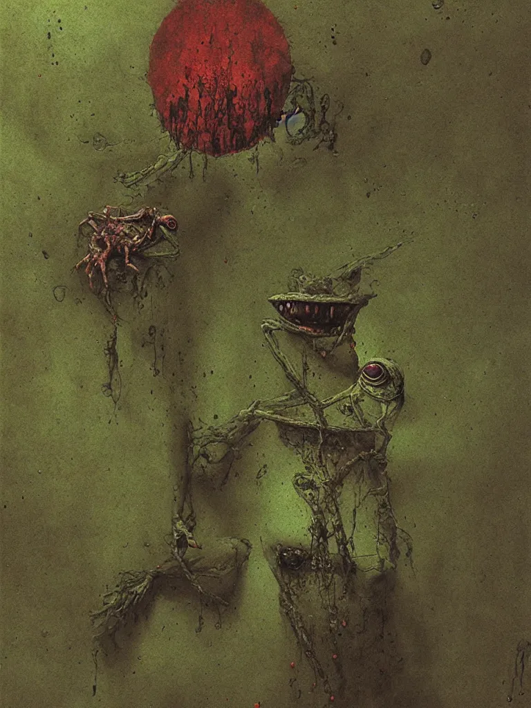 Image similar to bloody Kermit the frog megalophobia by Beksinski, macro,hd