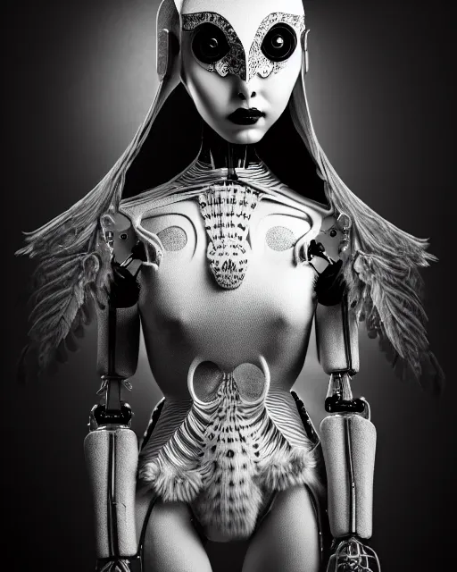 Image similar to surreal mythical dreamy dark artistic black and white fine art 3 / 4 fashion portrait photo of a young beautiful delicate female robot - witch - owl with orchid - doll face, rim light, cinematic, studio dramatic light, poetic, masterpiece, octane render, 8 k, photo - realistic by gustave dore hg giger