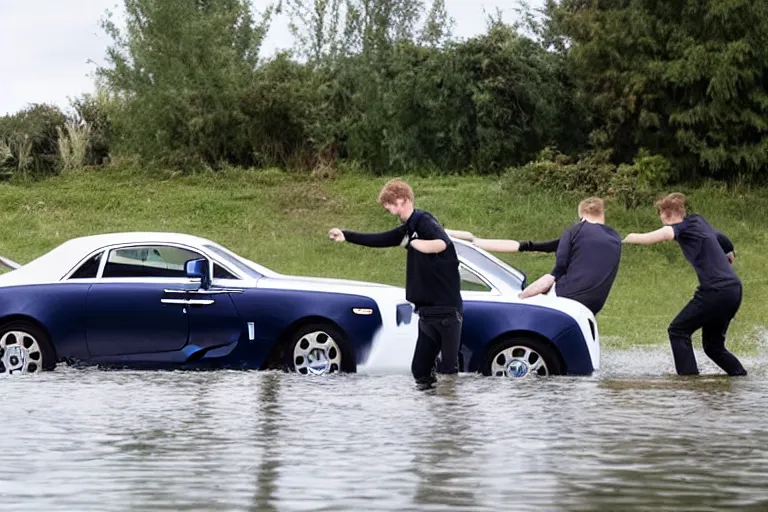 Image similar to Group of teenagers push Rolls-Royce into lake with their hands from a small slide