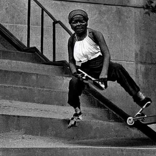 Image similar to historical photograph, Harriet Tubman skateboarding, doing a kickflip over stairs, high detail