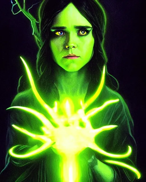 Prompt: ellen page with yellow glowing eyes as a dark sorceress casting a green spell, green lighting, fantasy character portrait, ultra realistic, concept art, intricate details, highly detailed by james bama, william adolphe bouguereau and frank frazetta