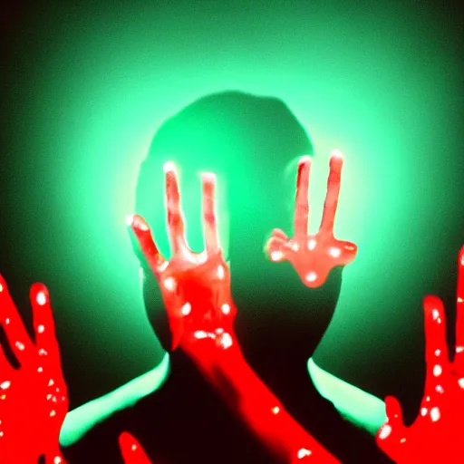 Image similar to Scary scene of a person coming out of pitch black shadows with hand and eyes illuminated by red light grasping toward the camera, horror, thriller, high contrast, 4k,