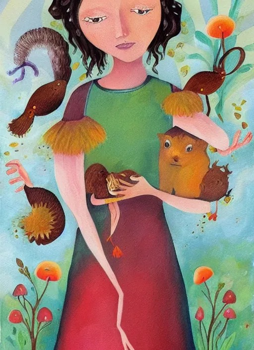 Prompt: a wonderful childrens illustration book portrait painting of a woman, art by tracie grimwood, colorful, mushrooms, birds, squirrel, whimsical, aesthetically pleasing and harmonious natural colors