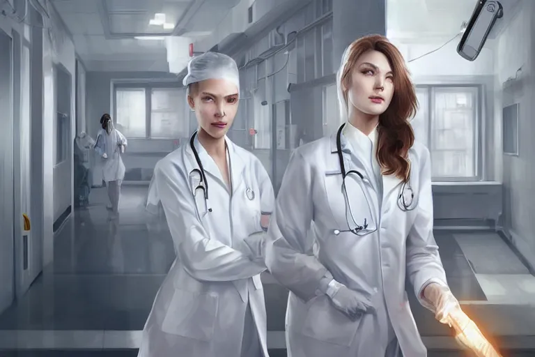 Image similar to a poster of emergency room, an elegant and beautiful female doctor in a white coat in a hospital ward, cinematic, highly detailed, digital painting, artstation, concept art, matte, sharp focus, illustration, art by artgerm and greg rutkowski