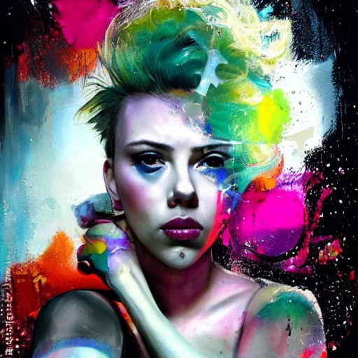 Image similar to scarlett johansson as delirium from sandman, ( hallucinating colorful soap bubbles ), by jeremy mann, by sandra chevrier, by dave mckean and richard avedon and maciej kuciara, punk rock, tank girl, high detailed, 8 k