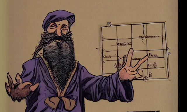 Image similar to A bearded wizard points at a linguistics chart in front of a lecture hall, by Mœbius