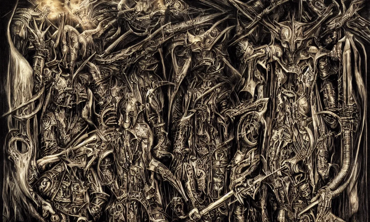 Image similar to judas priest, saints in hell, by giger,