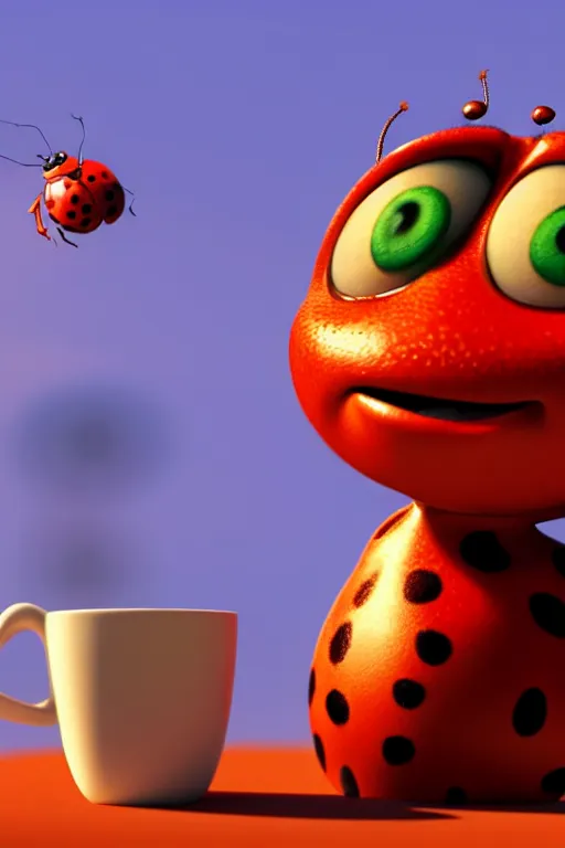 Image similar to a red ladybug with big eyes on side of a cup of coffee and a suggar pot at picnic. full body, pixar disney 4 k 3 d render movie oscar winning trending on artstation and behance. ratatouille style.